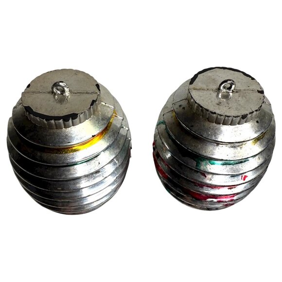 2 Vintage Bradford Hard Plastic Barrel Lantern Christmas Ornament Striped Silver - Picture 7 of 7